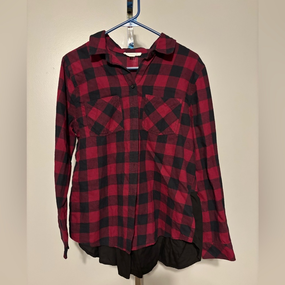 BEACH LUNCH LOUNGE Womens Red‎ Plaid Flannel Blouse w/ Back Ruffle Sz M